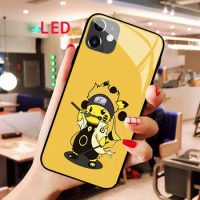 PIKACHU Luminous Tempered Glass phone case For Apple iphone 12 11 Pro Max XS mini Acoustic Control Protect LED Backlight cover