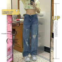 Seluar Jeans Kaki Lurus Bermasalah Vintaj Kecil untuk Wanita, Pinggang Tinggi, Longgar, Rekaan Canti