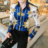 Men's Slim Silky Long Sleeve Floral Shirt Trend Personality Satin Tops Singer Stage Oil Painting Performance Costume Hairstylist