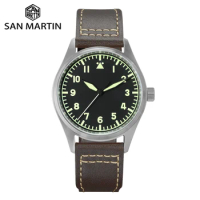 San Martin 39mm Pilot Titanium Simple Military YN55 Mens Watch Automatic Mechanical Watches Sapphire Leather Strap 20ATM