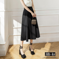 JILLI-KO 法式復古半鬆緊中長款西裝長裙 - 黑色