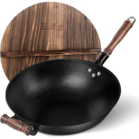 Cast Iron Wok Pan 12 inch Flat Bottom with Wooden Handle and Lid, Large Wok Stir Fry Pan Suitable for All Cooktops