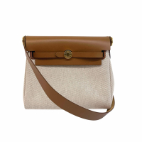 HERMES 愛馬仕 MINI Herbag帆布拼牛皮肩背包/斜背包(米色/棕色/金扣)