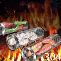 Outdoor Stainless Steel BBQ Basket Wire Mesh Cylinder Grill Basket Rolling Grilling Basket Portable Camping Barbecue BBQ Tools