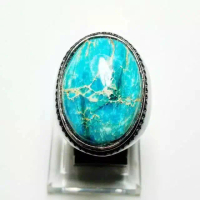 Cincin Titanium Tanam Hitam Batu Akik Pirus Pyrus Biru Serat Asli