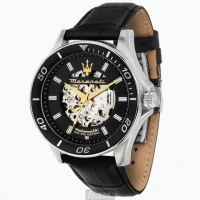 【MASERATI 瑪莎拉蒂】瑪莎拉蒂男錶型號R8821140003(黑色雙面機械鏤空錶面銀錶殼深黑色真皮皮革錶帶款)
