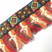 2yards embroidery ethnic jacquard webbing woven tape cluny lace tassel fringe trim ribbon 5cm tribal boho DIY denim african deco