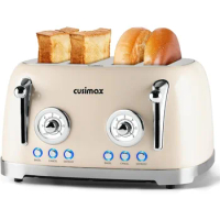 Toaster 4 Slice, Retro Toaster with Wide Slots for Bagels, Stainless Steel Toaster with 6 Toast Settings, Cream