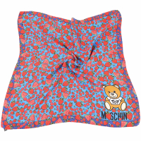 MOSCHINO 水果風情泰迪熊藍紅方框絲質方巾(68x68)
