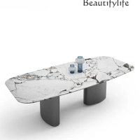 Italian-Style Light Luxury Natural Marble Dining Table Titanium Black Stainless Steel Designer Rectangular Dining Table