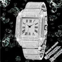 Classic Square Watch Ice Out Diamond Hip Hop Waterproof Quartz Watches Man W/ Cuban Chain Droshipping Reloj Hombre Marca de Lujo