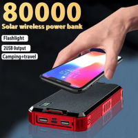 Solar Power Bank Wireless 80000mAh Portable Charger High Capacity Outdoor Travel Auxiliary Battery Flashlight for iPhone MI