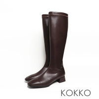 【KOKKO 集團】質感顯瘦方頭超纖皮革拉鍊粗跟長靴(焦糖咖)