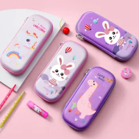 1PC Cute Cartoon Unicorn Rabbit Pink Purple EVA Pencil Case Large Capacity Mesh Layer Girls Stationery Storage School Supplies