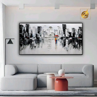 Lukisan Abstrak Hitam Putih Kota Timbul 120 x 60 Plus Frame - Toko Lukis Hadiah