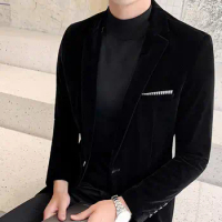 Popular Suit Jacket Turndown Collar Spring Men Blazer Slimming Velvet Blazer for Wedding Men Suit Coat