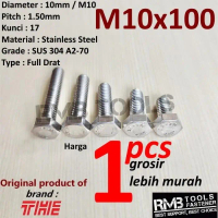 M10x100 Baut Hex Stainless SUS 304 A2-70 Drat 1.50 Kunci 17 M10