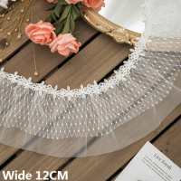 12CM Wide Luxury White Double Layers Mesh Pleated Fabric Embroidery Ribbon Guipure Lace Curtain Sofa Apparel Sewing Fringe Decor
