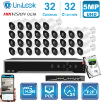 Unilook OEM 32CH 5MP Bullet POE IP Camera NVR Kit Outdoor CCTV Surveillance DS-7732NI-I4/16P Customized Plug&amp;Play System H.265