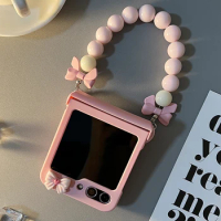 Cute Bow Beads Bracelet Hinge Phone Case for Samsung Galaxy Z Flip 5 Flip5 Zflip5 Cover With Free Tempered Screen Film
