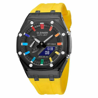 D-ZINER 8336 jam tangan kasual pria tali karet Dualtime Analog-Digital Tahan air Black Blue Gold Rub