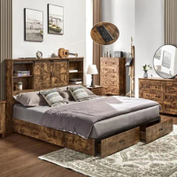 Queen Size Bed Frame, Wooden Platform Storage Bed with 51.2" Bookcase, 2 Drawers, No Box Spring Needed, Noise Free, Bed Frame