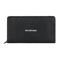 BALENCIAGA 巴黎世家 壓印白字LOGO荔枝紋小牛皮12卡拉鍊長夾(黑)