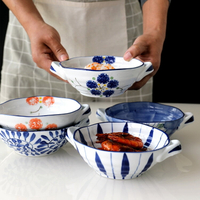 有質感釉下彩手繪陶瓷雙耳甜品碗面碗燉盅碗粥碗水果碗日式家用