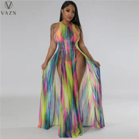 VAZN 2023 Top Quality See Through Lace Holiday Young Sexy Open Beach Style Round Neck Tank Sleeve Women Long Spit Dress