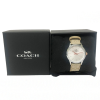 COACH 滿版C LOGO皮革錶帶女用手錶禮盒贈紙袋(卡其/白)