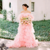 Pink Fluffy Tulle Bridal Dresses Puffy Ruffles Tiered Long Tulle Wedding Gowns Garden Strapless Handmade Tulle Formal Dress