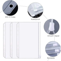 OfficeTik39 5PCS Baru 6-Hole Beg Daun Longgar Zipper PVC Sampul Surat Pocket A5 A6 A7 Waterproof Bin
