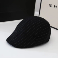 Topi Vintage Peaky Blinders Topi Baret Newsboy Topi Pelukis Flat Cap - Hitam Garis