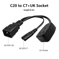 PDU UPS Server Connector Line C20 to IEC 320 C7 UK PS3 PS4 Camera Power Cable Extension Lead Cord Y Splitter 0.3M Conveter