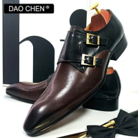 DAOCHEN MEN'S LOAFERS BUCKLE STRAP MIXED COLOR CASUAL MENS DRESS SHOES OFFICE WEDDING MONK GENUINE LEATHER SHOES FOR MEN