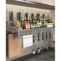 廚房筷子刀架調料用品收納掛架(60單杯4刀槽10掛鈎-槍灰色)(尺寸:60*14*9.5*8CM)