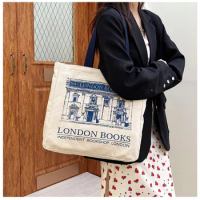 UK Arts Female Canvas Shoulder Bag Vintage Print Zipper Books Handbag Large Capacity Tote For Women Shopping
