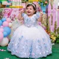 Puffy Ball Gown Baby Girls Dresses Floral Lace Tulle Applique Fluffy Princess Birthday Party Pageant Gown Christmas Dress