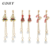 GDHY Christmas Tree Bell crutches Candy Earrings colour zircon Rhinestone Long chain Pearl Drop Earring for Women Xmas Jewelry