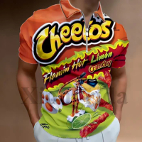 Novelty Hot Cheetos Food Puffs Polo Shirt Zip Lapel 3D Printed Polo Shirt Short Sleeve Polo Neck T-shirts Summer