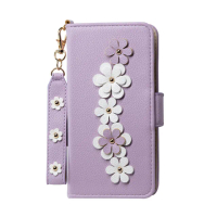 【Aguchi 亞古奇】Apple iPhone 13 Pro Max 6.7吋 花語鉚釘立體花朵手機皮套 - 柔紫(附皮質璀璨吊飾)