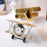 批發北歐電鍍鐵藝飛機模型擺件創意飛機小鬧鐘桌面裝飾工藝品擺設