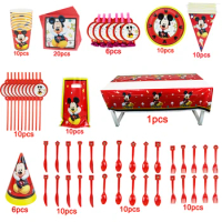 Red Theme Mickey Mouse Decoration Birthday Boy Plate Cup Napkin Straw Baby Shower Party Tablecloth Supplies Hot Sale 113Pcs