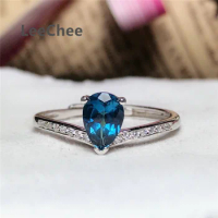 LeeChee Topaz Ring Drops 5*7MM Natural London Blue Topaz For Young Girl Birthday Gift Fashion Jewelry Real 925 Sterling Silver