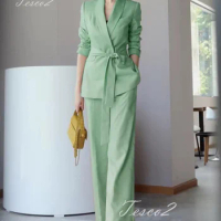 Tesco Women's Elegant Suit Lace-up Jacket And Wide Leg Pants Casual Outfits For Business Female Pant Sets Office Suit 2024