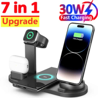 30W 7 in 1 Wireless Chargers Stand Pad For iPhone 15 14 13 12 Pro Max Apple Watch Airpods Pro iWatch 8 7 Fast Charging Station