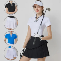 Blktee Women Breathable V-neck Golf Shirt Slim Short Sleeve T-shirt Ladies Pleated Anti-light Skort Soft Fast Dry Elegant Skirt