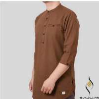 Sajuak Kurta Lengan 3/4 Pakaian Muslim Pria Baju Koko Dewasa Bahan Katun Twill Nyaman Kerah Shanghai