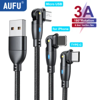 AUFU 3A USB Type C Cable 180 Rotate Fast Charing Wire Cord For iPhone Samsung Xiaomi POCO Mobile Cellphone Charger Data Wire 3M
