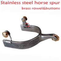 Free shipping ,Stainless steel western horse spur,horse product with brass rowel&amp;buttons.Men's size.(SP5128)